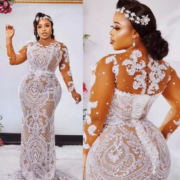 Aso Ebi Champagne Sirena Abiti da sposa Abiti da sposa Gioiello Collo Maniche lunghe Applicazioni di pizzo bianco Perline Corsetto Indietro Plus Size robe de mari￩e CG001