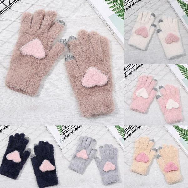 

imitation cashmere plush mittens knitted gloves with love heart autumn winter warm touch screen gloves full finger, Blue;gray