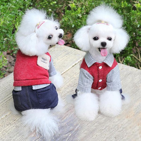 

style pet dog clothes autumn and winter fleece pocket plaid set double-layer four-legged brushed and thick warm dog coats