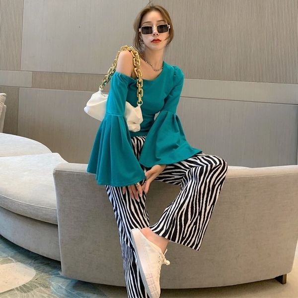 

autumn 2020 new slant collar off shoulder trumpet long sleeve + zebra print wide leg pants set two piece women's wear