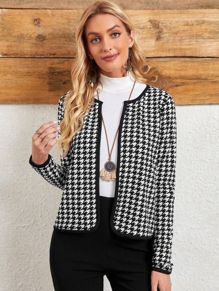 

emery rose houndstooth contrast binding open front jacket d4y9#, Black;brown