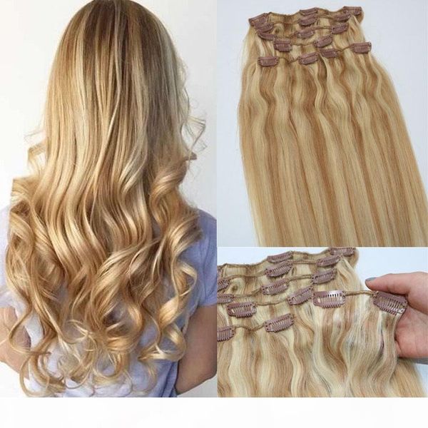 

human hair extensions ombre color two tone #18 ash blonde piano #613 light blonde clip in human hair extensions highlights, Black