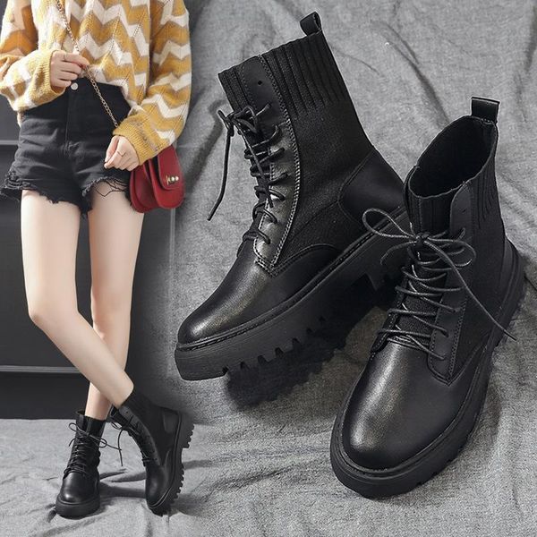 

осень женщина boots женщина мода круглого pu ботильоны 2020 зимних женские эластичные черные удобные ботинки, Black