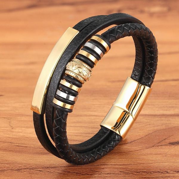 

2020 promotion multi layer leather stainless steel metal luxury men's leather bracelet accessories for new year's gift h jlltsx, Golden;silver