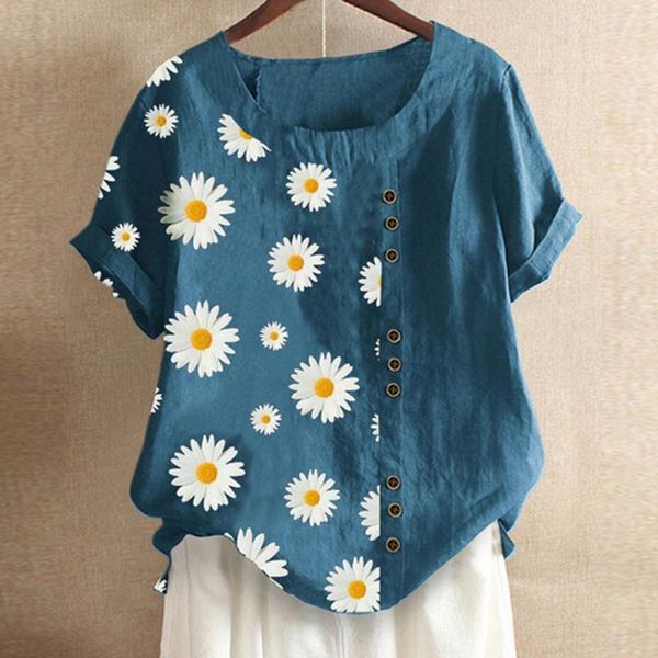 

adisputent women 2020 summer print cotton linen blouse shirt fashion short sleeve buttons pullover casual o-neck lady blusa1, White;black