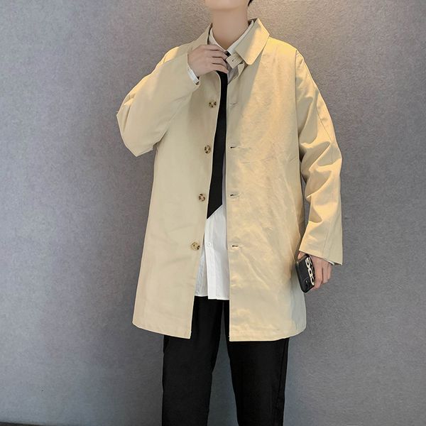 

spring and autumn lapel windbreaker mid length simple fashion new loose tooling coat men's, Black;brown