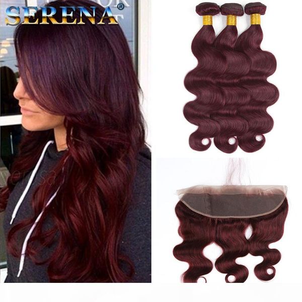 

burgundy hair weave bundles grade 8a wine red 99j indian virgin hair body wave 4pcs lot with 13x4 frontal mink remy human hair extensions, Black;brown