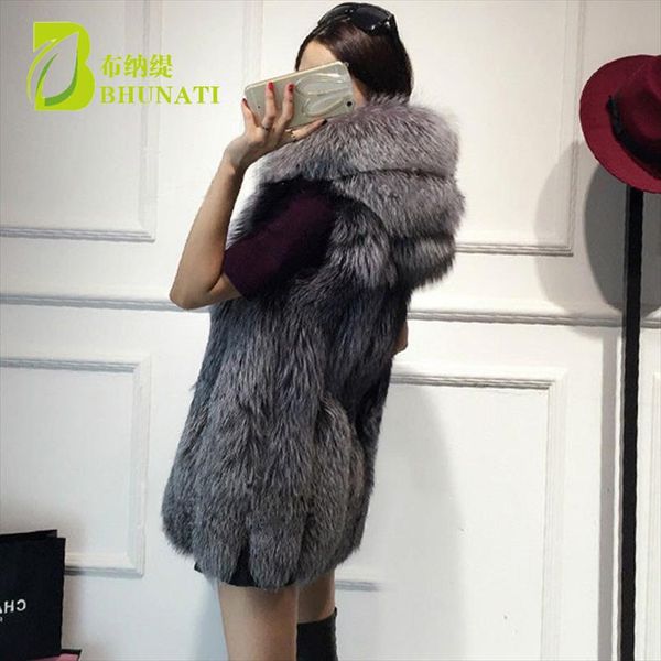 

новый меховой жилет имитация silver fox шуба с капюшоном жилет вертикальная полоса средней длины большой размер женщин жилеты пальто, Black