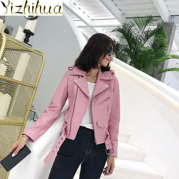 

sweet 2021 pink spring womens sheepskin biker real leather jacket designer lapel zipper short coat female streetwear outerwear, Black