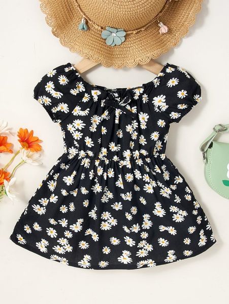 

baby floral print bow front frill puff sleeve dress she, Red;yellow