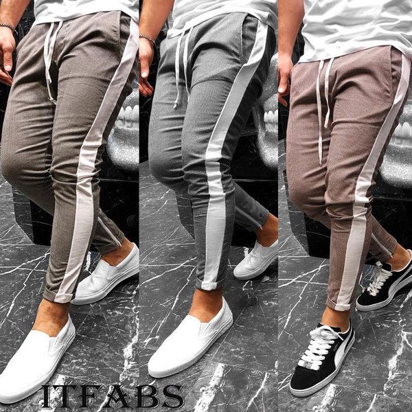 

men's pants autumn slim fit urban straight plaid pant leg trousers casual pencil jogger long streetwear, Black