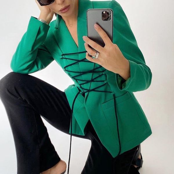 

women's jackets bandage coat 2021 autumn and winter long-sleeved tie mid-length casual fashion temperament small suit, Black;brown