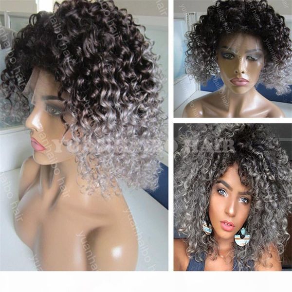 

8a grade 1btgray kinky curly virgin brazilian ombre hair two tone lace front wig ing, Black;brown