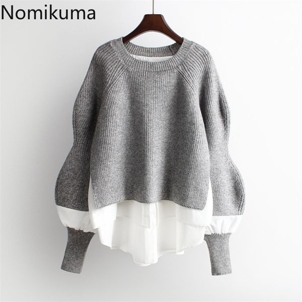 

nomikuma autumn winter knitted women pullover sweater causal patchwork long sleeve o-neck pull femme korean jumpers 6b728 201111, White;black
