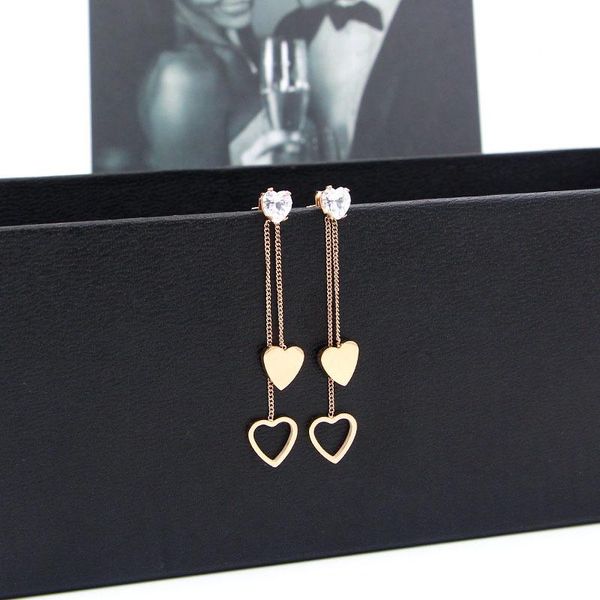 

fashion crystal peach heart tassel long double earrings helix titanium steel rose gold heart-shaped earrings jewelry wholesa 302 sqcwbn, Golden;silver