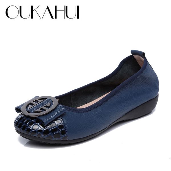 

oukahui special offer genuine leather women ballet flat shoes with women's slip-on soft metal decoration boat shoes women flats lj20081, Black