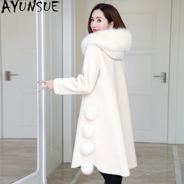 

women's fur & faux ayunsue winter jacket women long real coat hooded collar clothes warm woman parkas manteau fourrure femme, Black