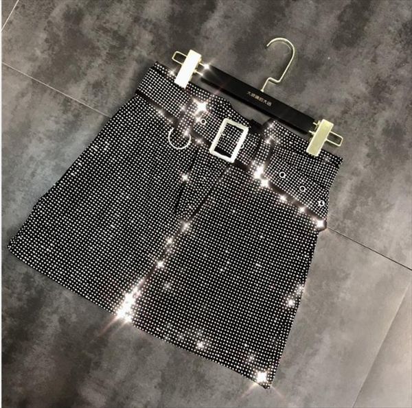 

2020 spring new fashion water drill high waist skirts lady retro drill shiny belt short a line skirts for party, Black