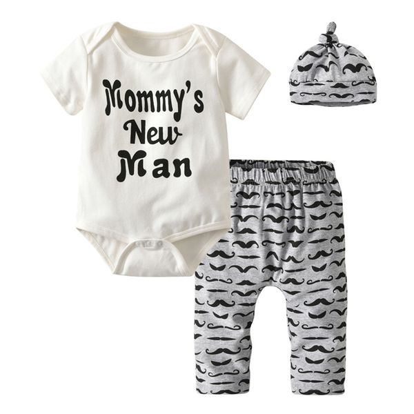 

newborn baby boys summer clothes mommy's new man infant short sleeve romper moustache pants and hat toddler clothing set y200803, White