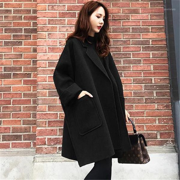 

women's wool & blends 2021 woolen coat female loose korean jacket long section winter fashion autumn and warm parka a09891, Black