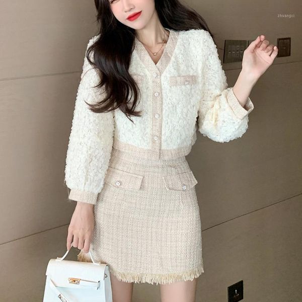 

female elegant skirt suits 2021 new springtweed two piece set women outfits crop mini skirt set vetement femme1, Gray