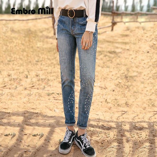 

embro mill women floral rivet jeans pants chinese style vintage royal embroidery lady autumn loose trousers female s-3xl1, Blue