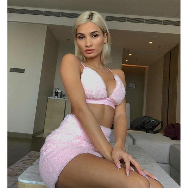 

new arrival women 2pcs fluff clothes sets halter crop high waist skirts female bodycon clubwear sets, White