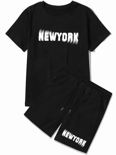 

romwe guys letter graphic tee & drawstring shorts m1u9#, Gray