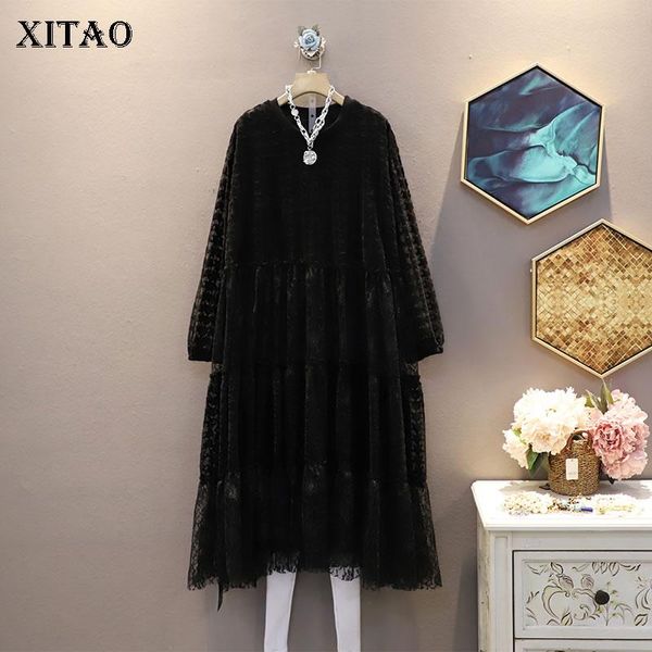 

xitao выдалбливают драпированные твердая платье женщины 2020 осень повседневная мода стиль темперамент сыпучие o шеи полный рукава платья zp, Black;gray