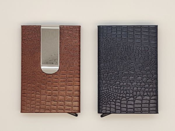 

rfid credit card holder protector metal pu leather credit cards holders case wallet for women men, Brown;gray