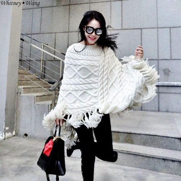 

whitney wang 2019 autumn winter fashion streetwear tassel cloak sweater women jumper sueter mujer invierno1, Black