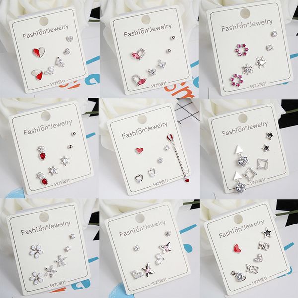

202131 styles 3 pairs/set 925 stamp silver cubic zirconia heart bowknot stud earring set for women girls jewelry valentines day, Golden;silver