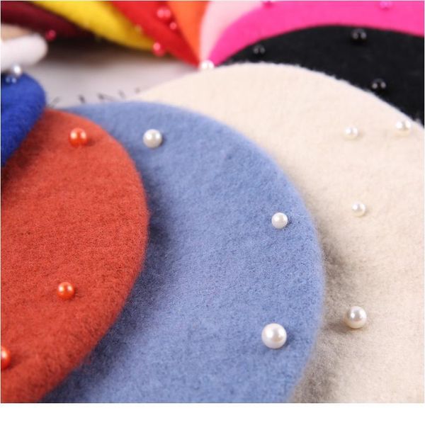 

fashion wool baby hat with pearls candy color retro baby girl cap kids beret hats for girls 1-3 y qylfeu, Yellow