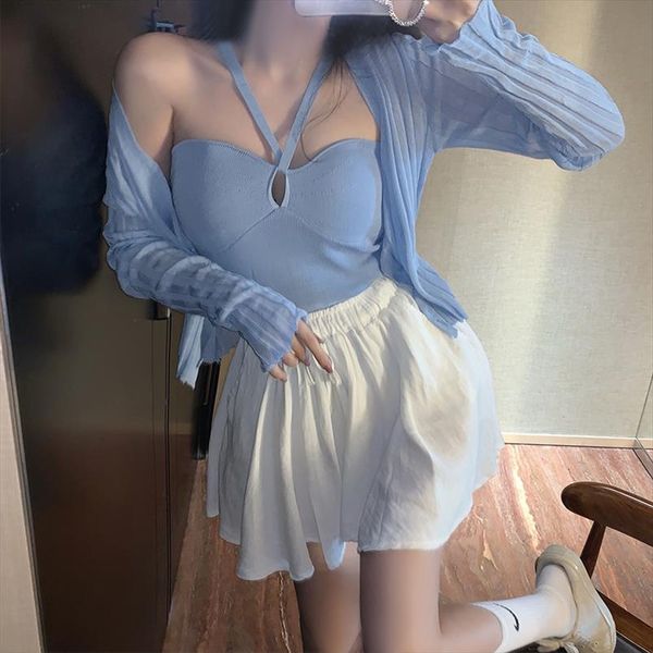 

two pieces knitted clothing women v neck sweaters cardigans lady soft thin summer sweater shirts crop for female, White;black