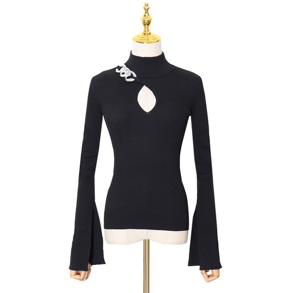 

2020 fashion half-high neckline bottoming with hollow chain decoration slim tailoring split long sleeve pullover black primer knit sweater t, White