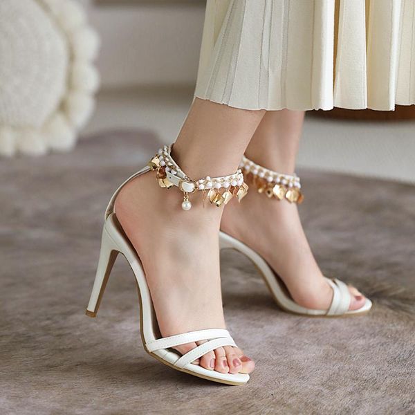 

2021 pu leather metal decoration stilettos simmer buckle women shoes thin high heel sandals ladies party wedding shoes 43, Black