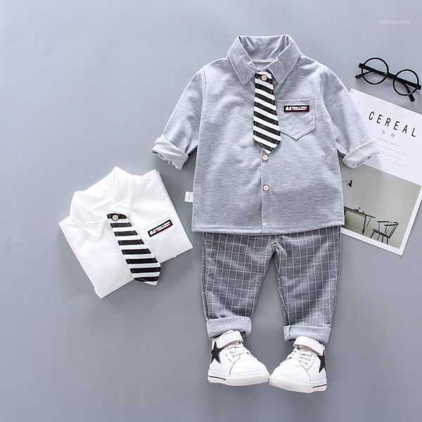 

clothing sets baby boys white grey shirt+plaid pants 2pcs infant toddle suitskids outwears with tie clothes1