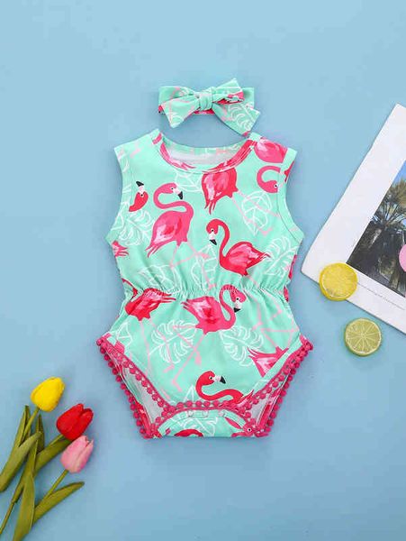 

baby girl flamingo print guipure lace trim bodysuit & headband she, Blue