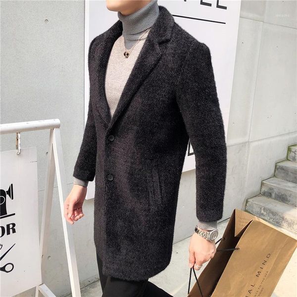 

2020 autumn and winter coat men's mid-length slim woolen coat men's windbreaker thick suit1, Black