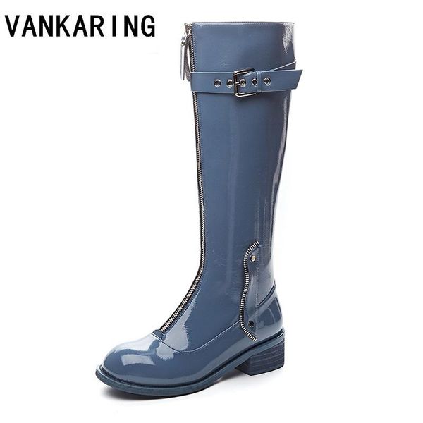 

fashion autumn winter motorcycle boots shoes woman patent leather riding knee high boots buckle shoes winter snow women, Black