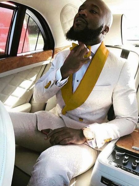 

men suits double breasted groomsmen shawl gold lapel groom tuxedos ivory wedding/prom ( jacket,pants ,tie ) z881, White;black