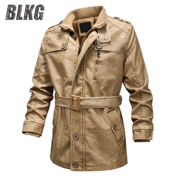 

men's fur & faux blkg brand long leather jacket men thick warm fleece winter casual fashion motorcycle pu coat male, Black