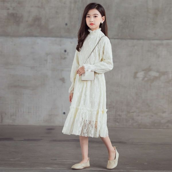 

korean 2020 new girl's drs big children lace long sve children's skirt, Red;yellow
