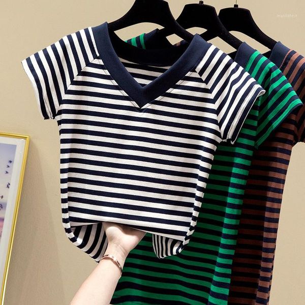 

women summer harajuku cotton stripe t-shirt casual korea fashion loose tees v neck short sleeve female slim soft t shirt1, White