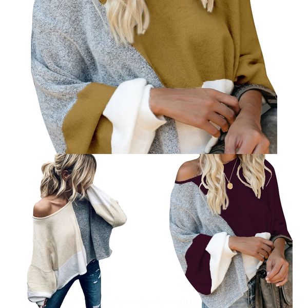 

6akzj 2020 рукав новый раунд 2ycav top свитер фонарь осень контраст цвета шить свитер шеи сыпучих топ женщин, Black