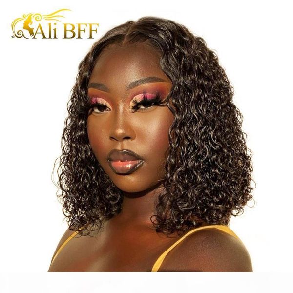 

water wave short bob wigs for black women brazilian bob lace wigs pre plucked deep curly human hair ali bff hair, Black;brown