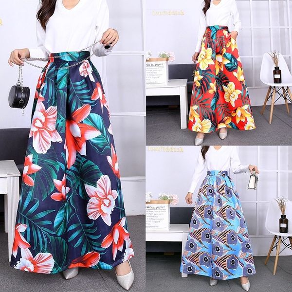 

women's maxi stain print skirts elastic stretch waist floor skirt floral skirts high waist pockets long skirt vintage floral, Black