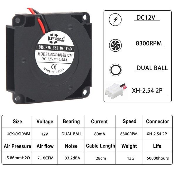 

fans & coolings 2pcs sxdool for 3d printer parts 40mmx40mmx10mm 4cm 12v 4010 40mm dual ball 80ma 8300rpm dc cooling turbo blower fan
