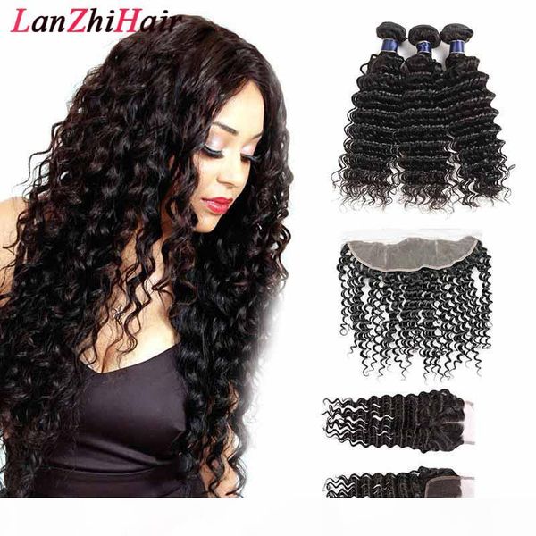 

malaysian loose deep virgin hair bundles with frontal closure brazilian hair deep water wave hair extensions with lace closure, Black