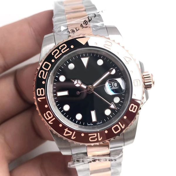 

new luxury mens watch gmt 40mm rotating ceramic watch ring sapphire glass automatic mechanical stainless steel strap waterproof wristwatches, Slivery;brown